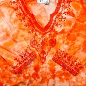 Orange TIE DYE women’s embroidered Boho tunic top size extra large upcycled OOAK